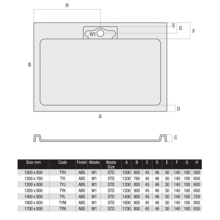 TYI MX Expressions 1200 x 760mm Hidden Waste Rectangle Shower Tray Waste Position