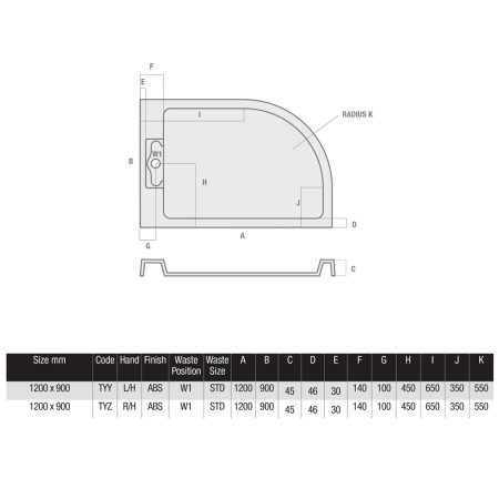 TYY MX Expressions 1200 x 900mm Hidden Waste Left Hand Offset Quadrant Shower Tray Waste Position