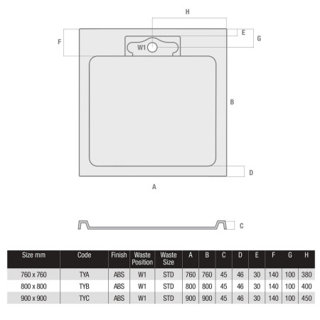 TYC MX Expressions 900 x 900mm Square Shower Tray With Hidden Waste Line Drawing