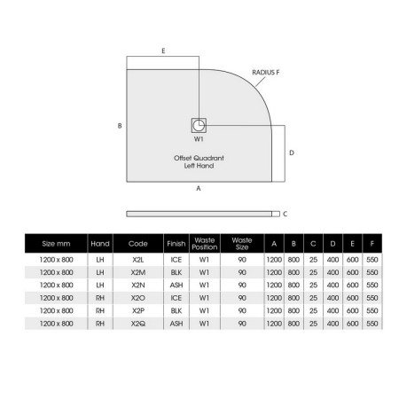 X2N MX Minerals 1200 X 800mm Offset Quadrant Slate Ash Grey Shower Tray LH Line Drawing