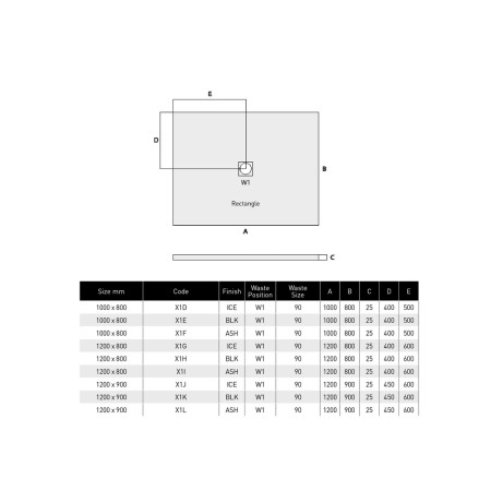X1L MX Minerals 1200 x 900mm Rectangle Ash Grey Shower Tray Line Drawing