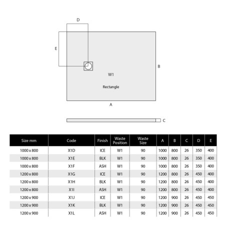 X1M MX Minerals 1400 X 800mm Rectangle Ice White Shower Tray Line Drawing