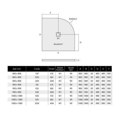 X2G MX Minerals 800 X 800mm Quadrant Jet Black Shower Tray Line Drawing