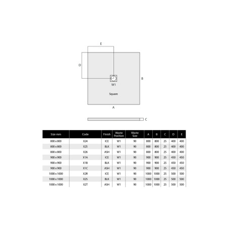 X1C MX Minerals 900 x 900mm Square Ash Grey Shower Tray Line Drawing