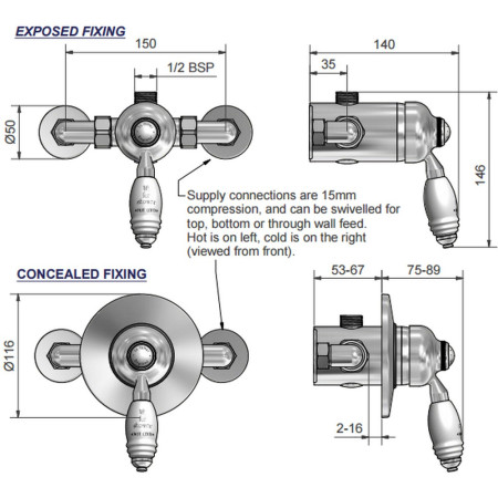 SJ720CPLL Marflow St James Traditional Manual Shower Valve with London Lever Dimensions