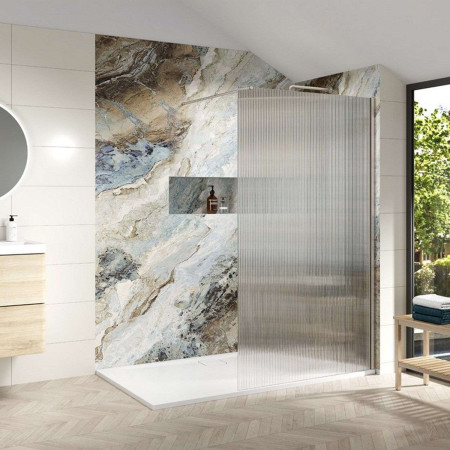 8WFL70BN Merlyn 700mm Brushed Nickel 8mm Fluted Wetroom Panel Lifestyle