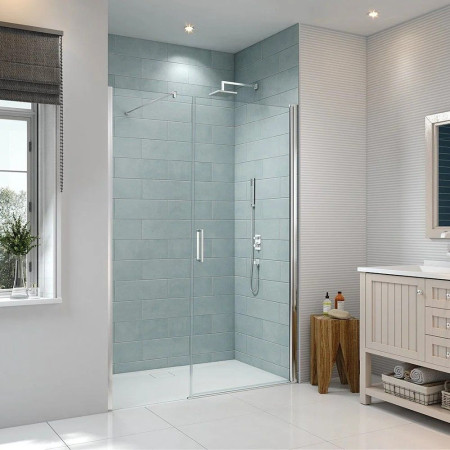 S8FPI1002HB Merlyn 8 Series 1000mm Frameless Pivot Shower Door & Inline Panel With MStone Tray (1)