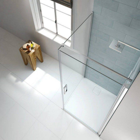 S8FPV76 Merlyn 8 Series 760mm Frameless Pivot Shower Door Lifestyle