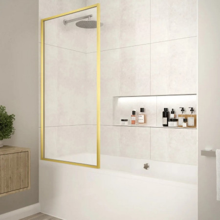 Merlyn Fixed Brushed Brass Square Single Panel Framed Bath Screen
