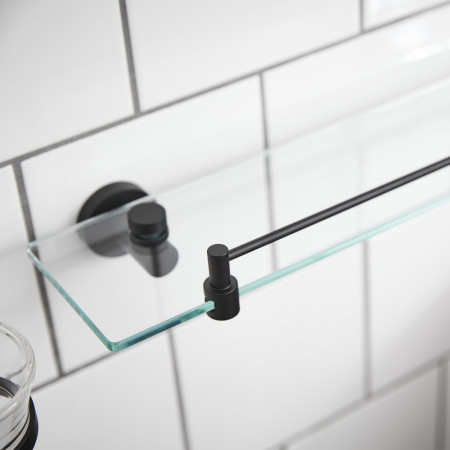 8702B Miller Bond Matt Black Shelf with Guard Rail Clear Hardened Glass