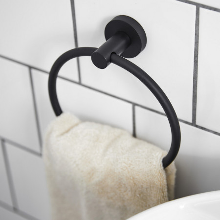 8705B Miller Bond Matt Black Towel Ring with a Bathroom Towel