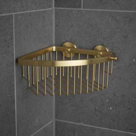 Miller Classic Brushed Brass Corner Basket with Gluable Brackets