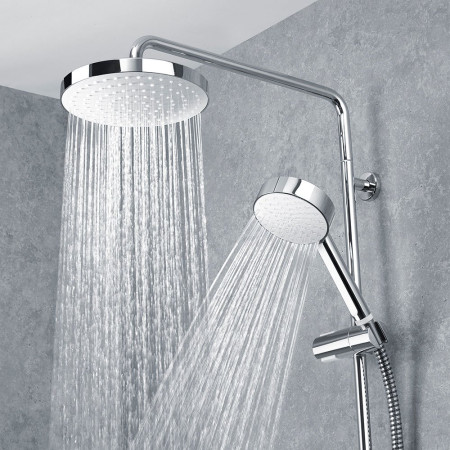 Mira Minimal Dual Mixer Shower Lifestyle view of Showerhead and Handset