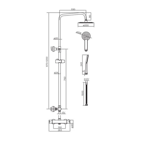 Niagara Equate Matt Black Slimline Round Thermostatic Shower Set With Adjustable Handset Technical Drawing