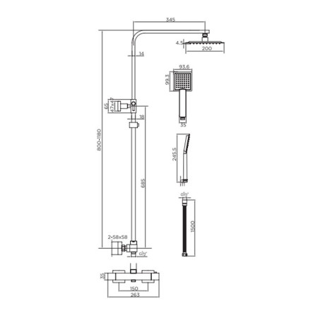Niagara Observa Square Thermostatic Shower Set in Nickel Technical Drawing