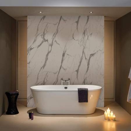 Nuance Small Corner Calacatta Statuario Wall Panel Pack A Lifestyle Behind Bath