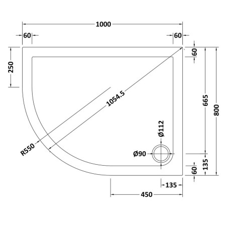 NSR108 Nuie 1000 x 800mm Offset Quadrant Slip Resistant Shower Tray in Matt White Left Hand Line Drawing