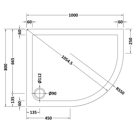 NSR109 Nuie 1000 x 800mm Offset Quadrant Slip Resistant Shower Tray in Matt White Right Hand Line Drawing