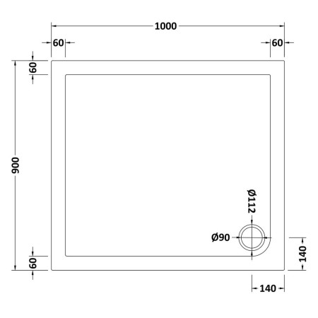 NSR014 Nuie 1000 x 900mm Rectangular Shower Tray in Matt White Slip Resistant Line Drawing