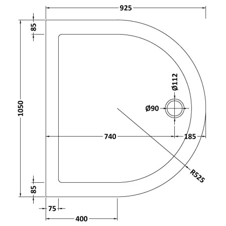 NTP095 Nuie 1050 x 925mm D Shape Shower Tray in Gloss White Line Drawing