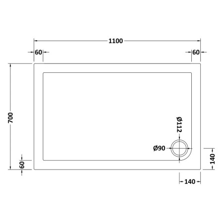 NSR016 Nuie 1100 x 700mm Rectangular Shower Tray in Matt White Slip Resistant Line Drawing