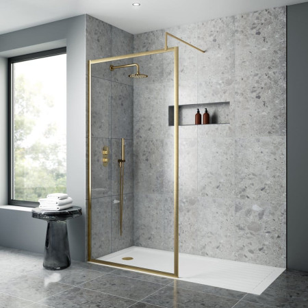 WRFBB1811 Nuie 1100mm Brushed Brass Full Outer Frame Wetroom Screen Lifestyle