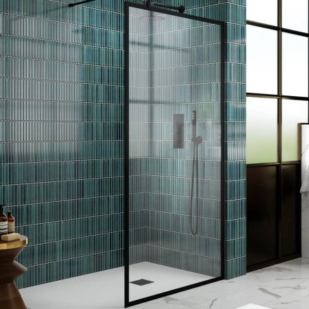 WRFBP1811 Nuie 1100mm Satin Black Full Outer Frame Wetroom Screen Lifestyle