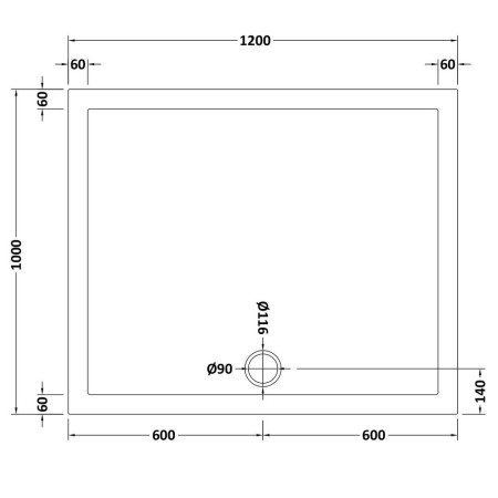 NTP025 Nuie 1200 x 1000mm Large Rectangular Shower Tray in Gloss White Line Drawing