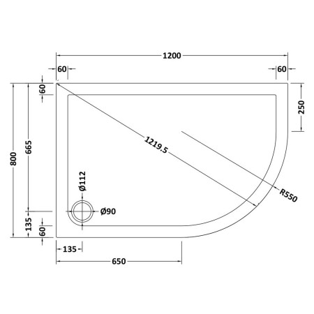 NSR113 Nuie 1200 x 800mm Offset Quadrant Slip Resistant Shower Tray in Matt White Right Hand Line Drawing