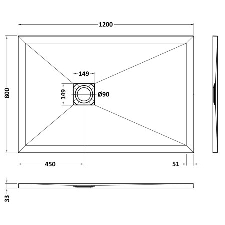 NLT91023 Nuie 1200 x 800mm Rectangular Slimline Shower Tray Black Slate Line Drawing