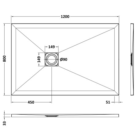 NLT71023 Nuie 1200 x 800mm Rectangular Slimline Shower Tray Grey Slate Line Drawing