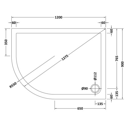 NSR114 Nuie 1200 x 900mm Offset Quadrant Slip Resistant Shower Tray in Matt White Left Hand Line Drawing
