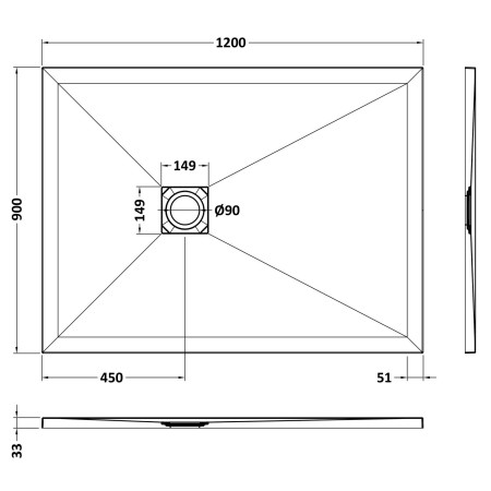 NLT91024 Nuie 1200 x 900mm Rectangular Slimline Shower Tray Black Slate Line Drawing