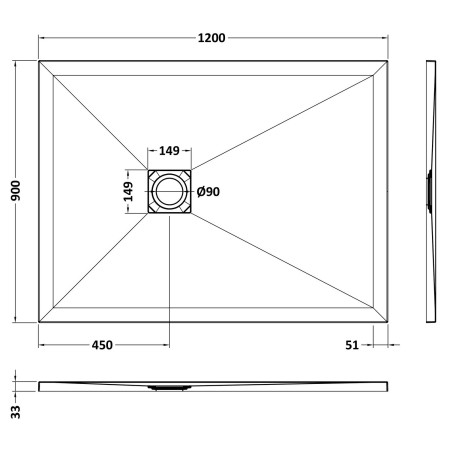NLT61024 Nuie 1200 x 900mm Rectangular Slimline Shower Tray White Slate Line Drawing