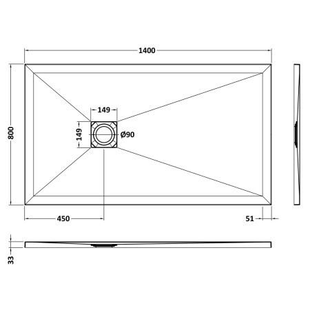 NLT91033 Nuie 1400 x 800mm Rectangular Slimline Shower Tray Black Slate Line Drawing