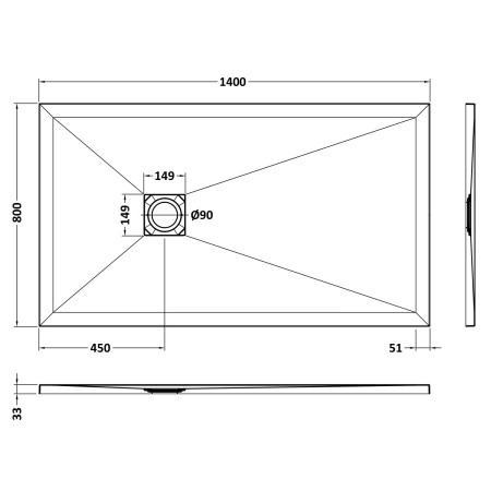 NLT71033 Nuie 1400 x 800mm Rectangular Slimline Shower Tray Grey Slate Line Drawing
