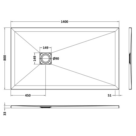 NLT61033 Nuie 1400 x 800mm Rectangular Slimline Shower Tray White Slate Line Drawing