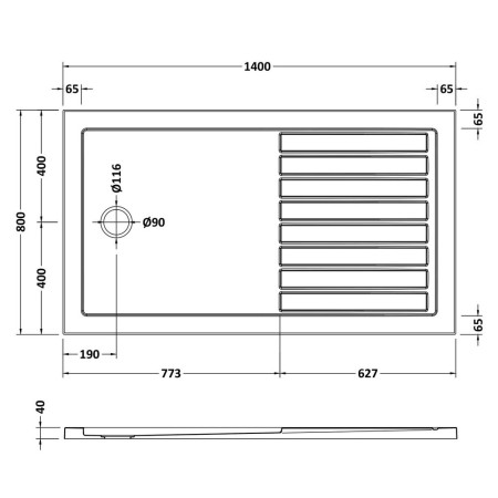 NSR1480 Nuie 1400 x 800mm Walk In Slip Resistant Wetroom Shower Tray in White Line Drawing
