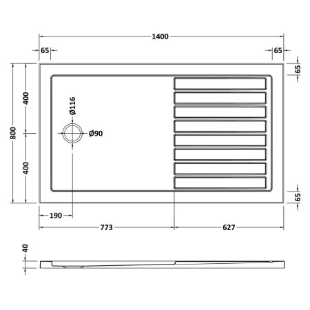 NTP1480 Nuie 1400 x 800mm Walk In Wetroom Shower Tray in Gloss White Line Drawing