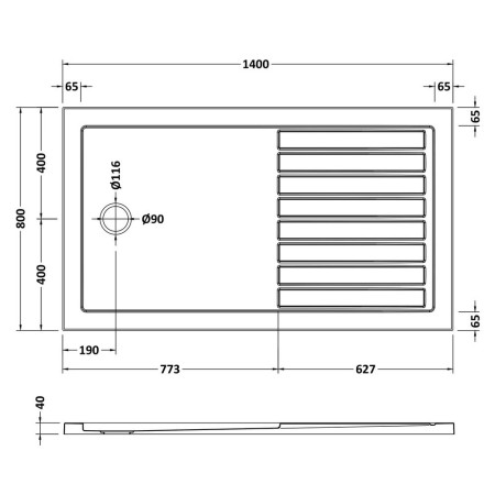 TR711480 Nuie 1400 x 800mm Walk In Wetroom Shower Tray in Slate Grey Line Drawing