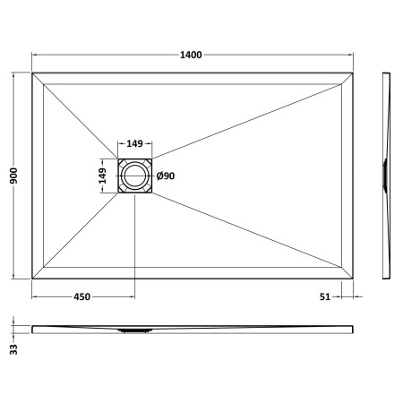 NLT61034 Nuie 1400 x 900mm Rectangular Slimline Shower Tray White Slate Line Drawing