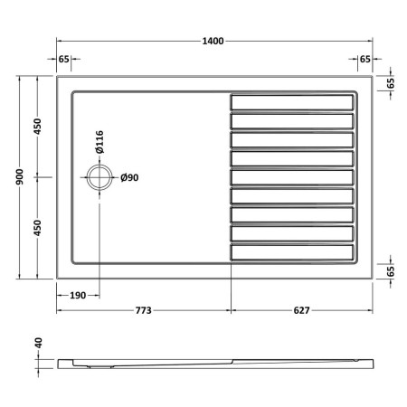 NSR1490 Nuie 1400 x 900mm Walk In Slip Resistant Wetroom Shower Tray in White Line Drawing