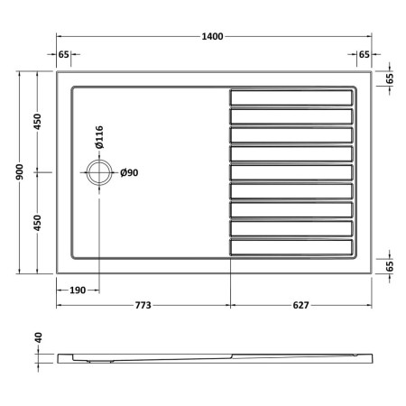 NTP1490 Nuie 1400 x 900mm Walk In Wetroom Shower Tray in Gloss White Line Drawing