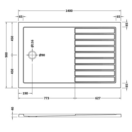 TR711490 Nuie 1400 x 900mm Walk In Wetroom Shower Tray in Slate Grey Line Drawing