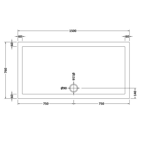 NSR042 Nuie 1500 x 760mm Large Rectangular Shower Tray in Matt White Slip Resistant Line Drawing