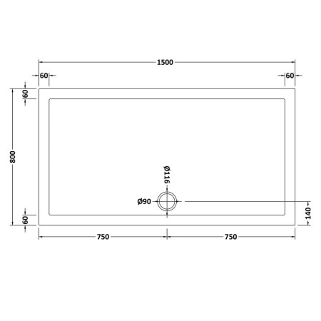 NSR043 Nuie 1500 x 800mm Large Rectangular Shower Tray in Matt White Slip Resistant Line Drawing