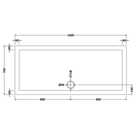 NSR051 Nuie 1600 x 700mm Large Rectangular Shower Tray in Matt White Slip Resistant Line Drawing