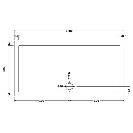 NSR053 Nuie 1600 x 800mm Large Rectangular Shower Tray in Matt White Slip Resistant Line Drawing
