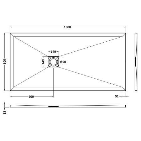 NLT71053 Nuie 1600 x 800mm Rectangular Slimline Shower Tray Grey Slate Line Drawing