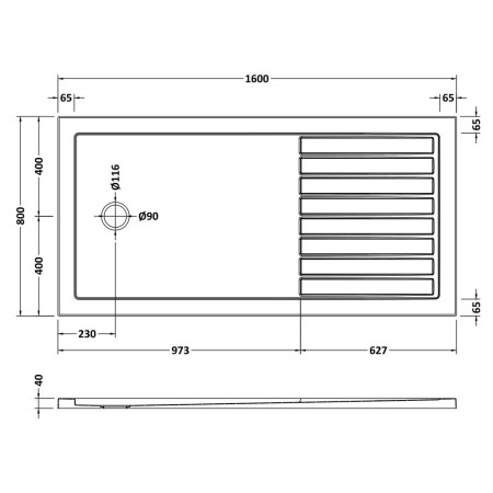 NSR1680 Nuie 1600 x 800mm Walk In Slip Resistant Wetroom Shower Tray in White Line Drawing
